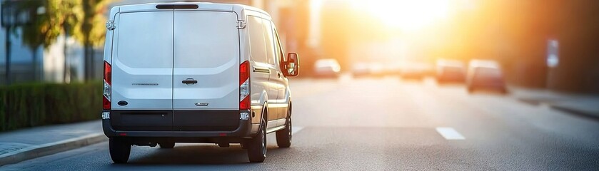 White van driving on city street at sunset
