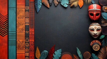 Vibrant Tribal African Patterns and Masks Layered on a Neutral Earthy Toned Backdrop with Contrasting Colors and Geometric Shapes  Abstract Ethnic Cultural Art and Design