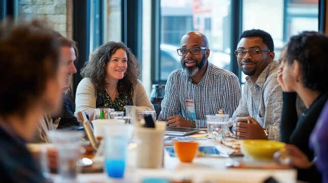 A Diverse Group Of People Conversing At A Table