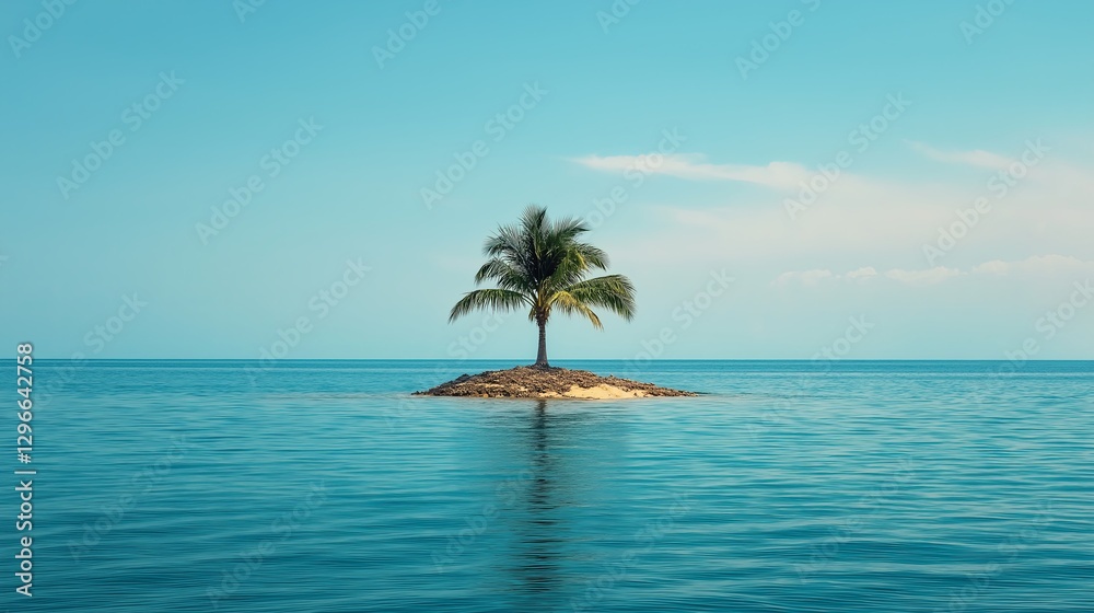 Poster a tiny island with one palm tree, floating in an endless ocean