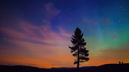 Lone pine tree silhouetted against a vibrant aurora borealis in a serene landscape, showcasing the natural beauty and tranquility of the northern lights in a breathtaking night sky.