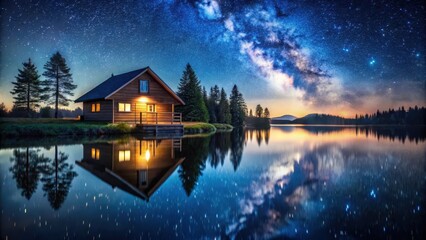Fototapeta premium Cabin on the shore of a calm lake with starry night sky reflected on the water, calm, serene, calm