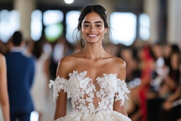 Naklejka premium This radiant bride, adorned in an exquisite off-shoulder wedding gown, captures the beauty and joy of love, showcasing elegance at a fashion event.