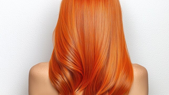 A person with long, bright orange hair stands with their back to the viewer