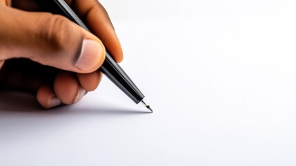 Hand signing document, white background, close-up, contract