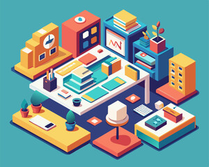 Obraz premium Organizing a workspace image. Isometric style. Vector illustration.