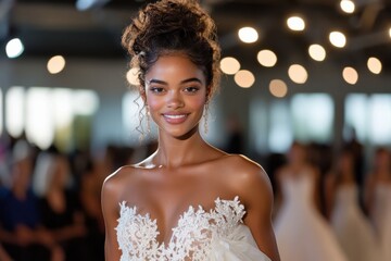 Naklejka premium A radiant bride beams with happiness, wearing a luxurious wedding gown with beautiful detailing, embodying joy and the essence of love at a glamorous wedding event.