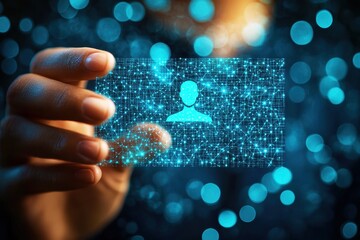 Digital Identity Concept with Hand Holding a Transparent Card Against a Background of Glowing Blue Particles and Network Connections