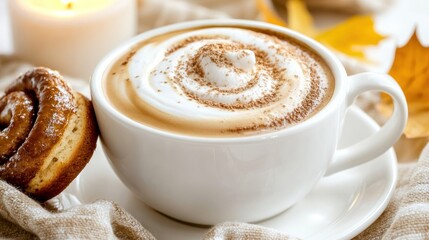 Delicious Coffee with Cinnamon Roll and Candle Autumn Cozy Morning