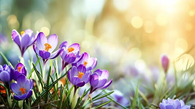 Vibrant purple crocus flowers in bloom with sunlit bokeh background