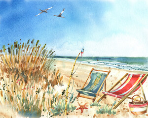 Red white  lifebuoy on the beach, beach chairs. Beach, road in the dunes. Seagulls, Blue sky, nice weather. Happy holiday.  Stock illustration. Hand painted in watercolor.