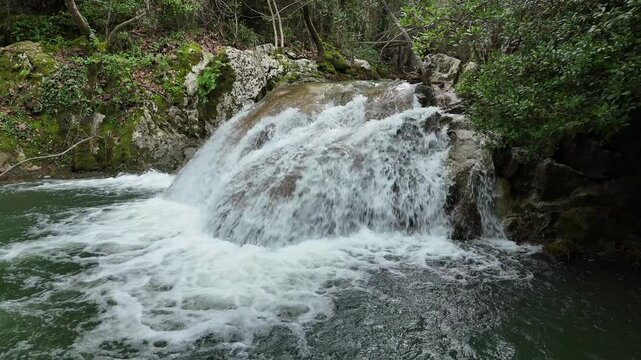 Drone flight over Stathula Polylimnio Waterfall, Peloponnese, Greece
