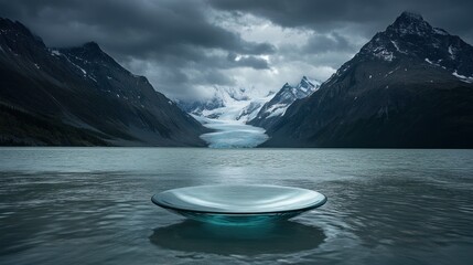 Glass Dish Floating on Lake with Mountain Glacier Background Scenery