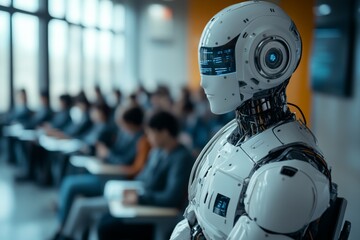 Advanced humanoid robot attending a conference with audience