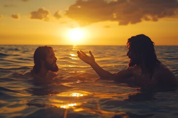 Fototapeta premium Two young women enjoying the sunset by the sea