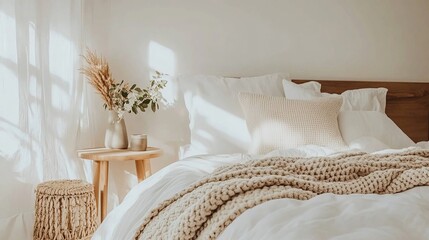 Minimalist Scandinavian bedroom with soft white and pale oak tones, featuring crisp linen bedding, cozy knit throw, and simple wooden bedside table, bathed in natural light.