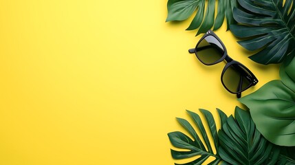 Sunglasses and tropical leaves on a yellow-green background with copy space for text. Summer vacation concept banner template.