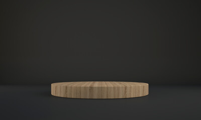 Wooden stand podium on black backdrop, Pedestal for advertising, Product presentation, mockup, stage, promotion display. 3D rendering