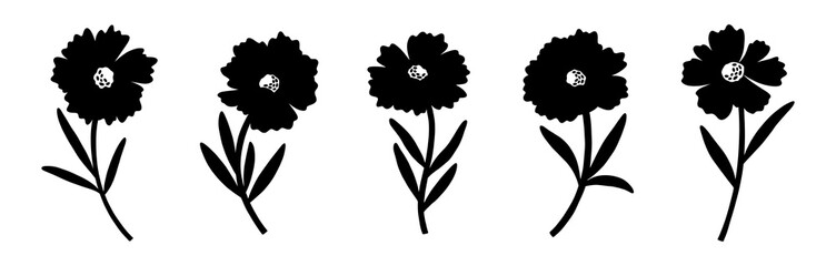 Wildflowers set, silhouettes. Blossom wild plant coreopsis, meadow flower shapes. Botanical elements for design projects, black ink. Detailed floral vector illustration