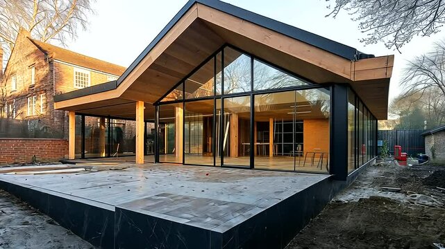 A contemporary house with a newly constructed wooden extension in progress. The open framework, featuring sturdy wooden beams and large glass openings, highlights eco-conscious bui