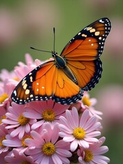 orange and black butterfly - pink and white flowers