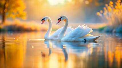 Fototapeta premium Miniature White Swans Graceful Floating on Serene Lake Water - Tilt-Shift Photography