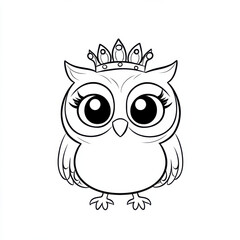 Fototapeta premium Cute baby owl wearing crown, cartoon style, with big eyes and wings. Perfect for coloring!