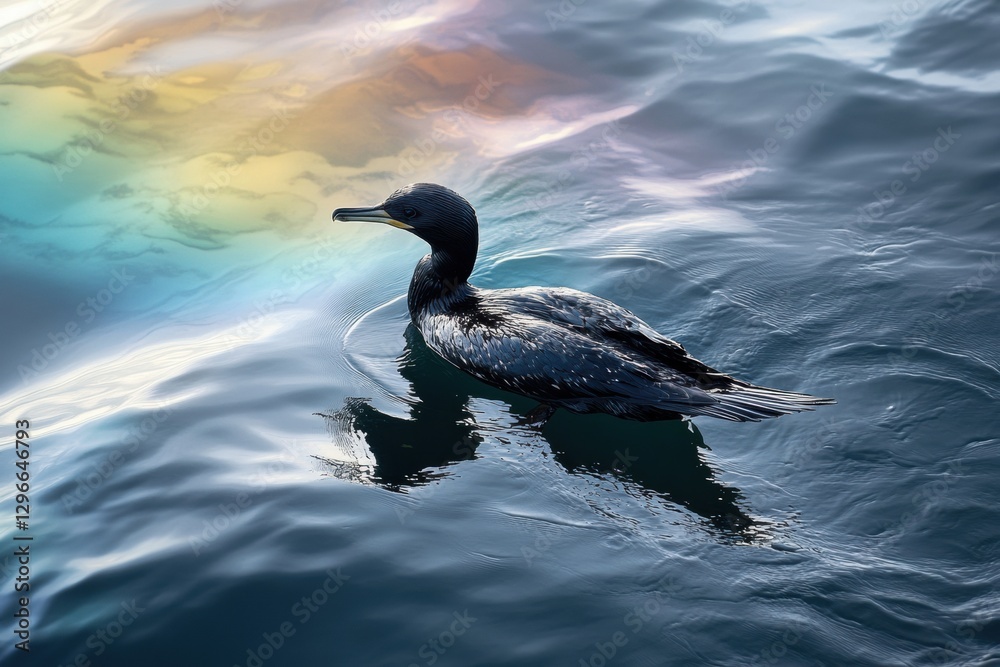 Poster seabird struggles to remain afloat amid an oil spill creating a rainbow sheen on the ocean surface. 