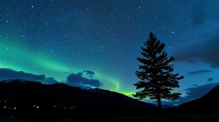 Lone pine tree silhouetted against a vibrant aurora borealis in a serene landscape, showcasing the natural beauty and tranquility of the northern lights in a breathtaking night sky.