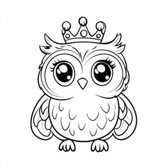Fototapeta premium Cute baby owl wearing crown, cartoon style, with big eyes and fluffy feathers. Perfect for children illustrations