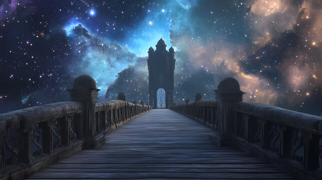 A celestial bridge leading to the domain of the gods, stretching through stars and nebulae, with towering structures and gates at the horizon. Mystical Celestial Bridge. Illustration