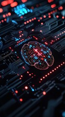 Fototapeta premium Abstract Brain Visualization on Circuit Board with Glowing Lights and Data Connections