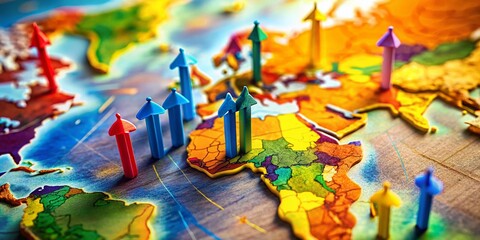Naklejka premium Miniature World Map with Arrows & Charts: Global Trade & Connections Tilt-Shift Stock Photo