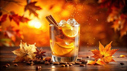 Warm, golden liquid flows into a glass filled with ice, surrounded by a vibrant orange hue and topped with a sprinkle of cinnamon, creating a cozy atmosphere , autumn colors, orange background
