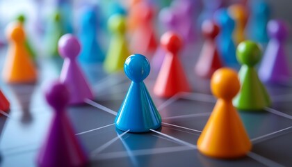 Business organizational structure with colorful figures, hierarchical departments, teams connected by lines, illustrating workflow, management, and company structure