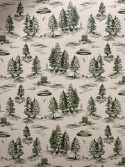 Novelty camping with aliens green and white wallpaper 