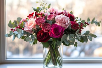 Beautiful bouquet of fresh pink roses in a white vase