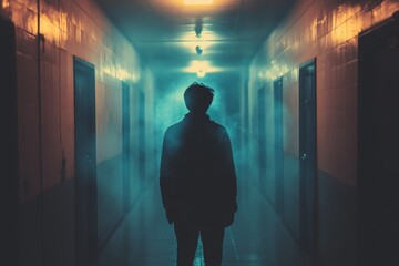 Fototapeta premium Mysterious silhouette of a person walking in a dimly lit corridor