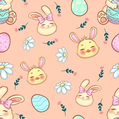 Seamless Easter Pattern with Cute Bunny, Chick, Eggs, and Flowers