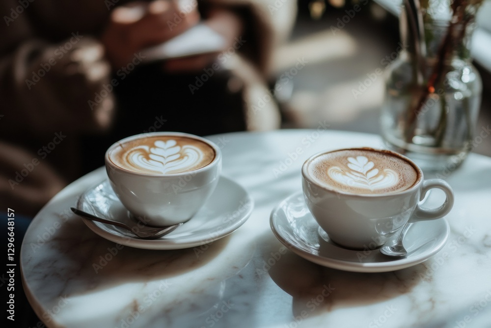 Poster coffee cups with latte art placed on a marble table in a cozy cafe during a leisurely afternoon. gen