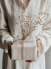 Woman in white linen suit holding square box wrapped with bow, with dried flowers inside the gift box. Faded pastels and natural tones