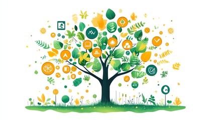 Ecofriendly investment strategy tree, green bonds, sustainability icons on leaves, branches, financial growth of ecobusiness, illustration of green finance and eco investments