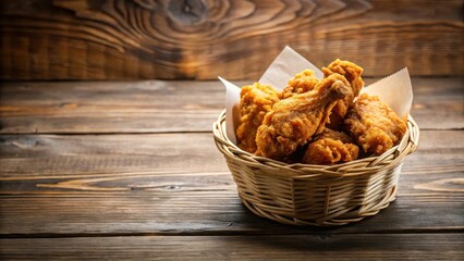 A crispy fried chicken wing sitting alone in a wicker paper bucket on a wooden table, food, crispy fried chicken,  food