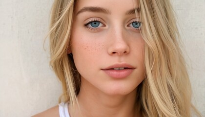Naklejka premium A close-up photograph of a young woman with long blonde hair and blue eyes.