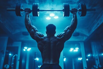 Muscular man lifting weights in a futuristic gym environment