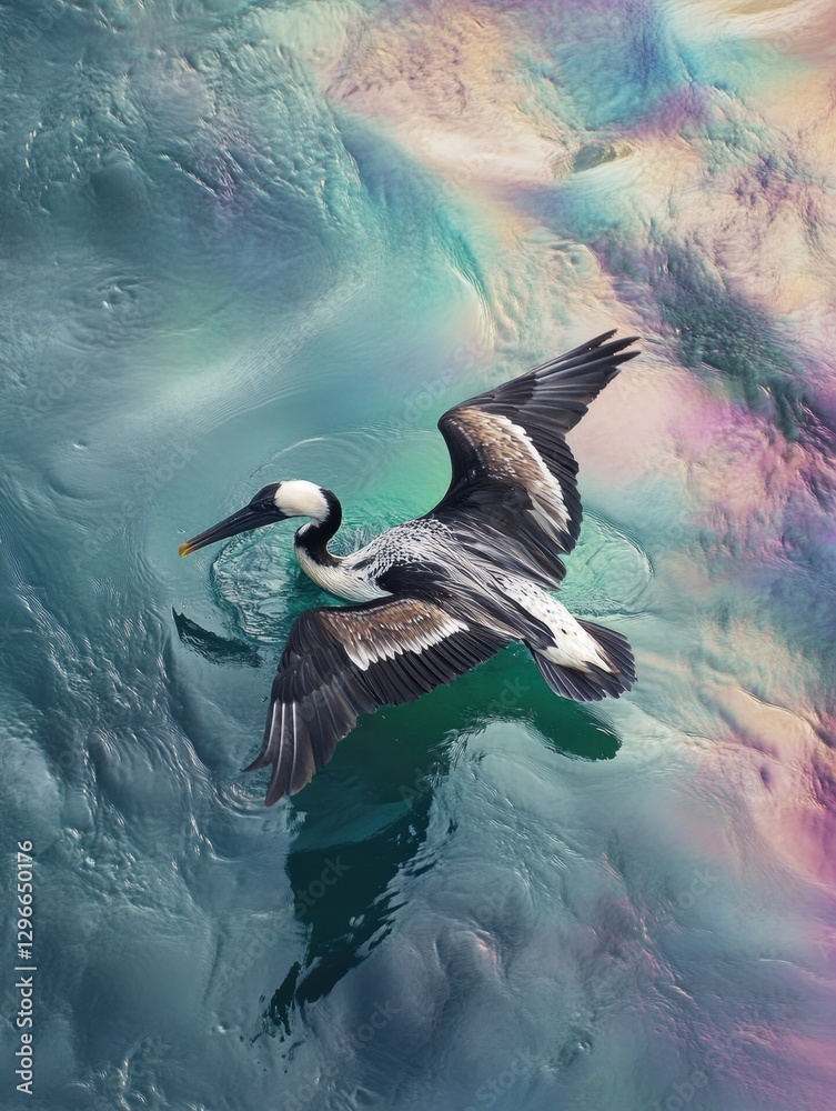 Poster seabird struggles in oil spill with rainbow sheen on ocean surface at twilight. generative ai