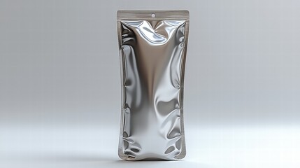 Shiny silver foil bag isolated on a clean background emphasizing modern packaging and versatility