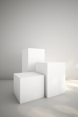 White podiums with soft sunlight. 3D render of geometric display platforms in a minimalist neutral setting for product showcase, branding and presentation. Vertical formats
