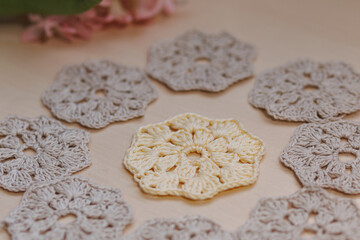  Delicate yellow and gray crocheted motifs, handmade, granny style
