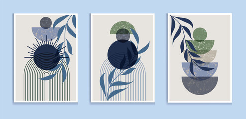 Abstract botanical wall art prints sun moon poster. Contemporary minimalist backgrounds modern boho style. Mid century wall decor, art print. Illustration